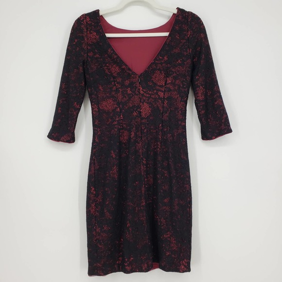 3/$25 Aidan Mattox Mini Dress 2 Sequin Lace Cocktail Party Bodycon Black Red - Picture 2 of 8